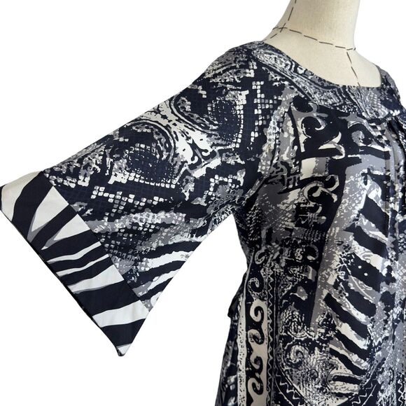 YASB‎ Multicolor Abstract 100% Silk 3/4 Sleeve Tie Back Blouse Top Size Small - Picture 3 of 8